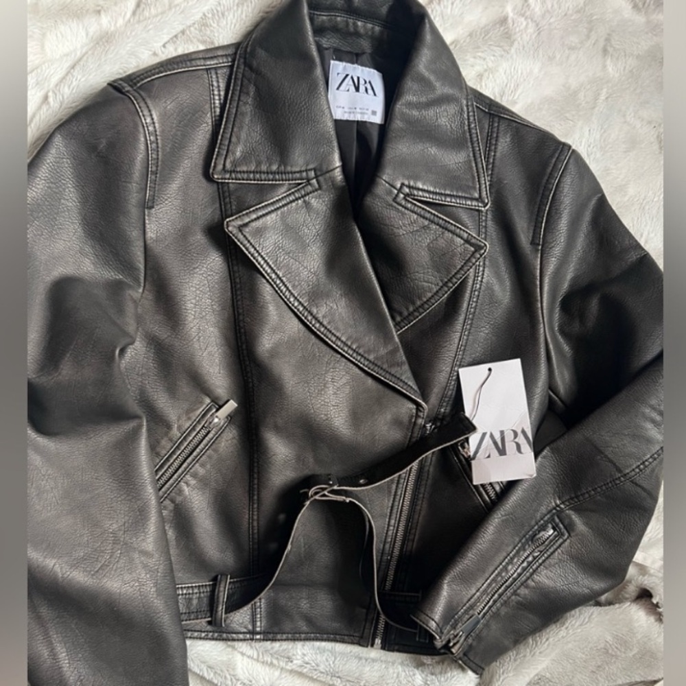 ZARA FAUX DISTRESSED LEATHER JACKET Charcoal - Picture 12 of 12